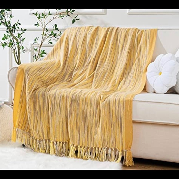 Home Yellow Throw Blanket with Fringe Spring Outdoor Throw Blankets Bed - Picture 6 of 6